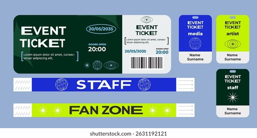 Event ticket for parties, music festival, dance festival. Security bracelets for entrance. For staff and fan zone. Neon color. Modern design. Futuristic style. With wireframe element. Printable.