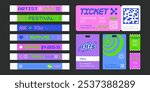 Event ticket for party. Bracelet control design for dances, music festivals. Sticky wristbands pass in Y2K style.