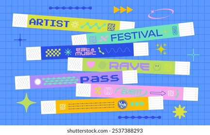 Ticket de evento para fiesta. Diseño de control de pulsera para bailes, festivales de música. Las pulseras pegajosas pasan en estilo Y2K.