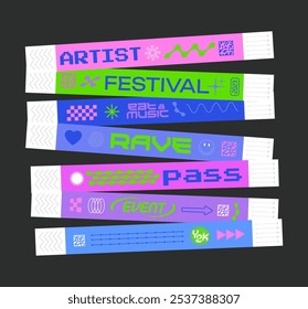 Veranstaltungsticket für die Party. Armband Control Design für Tänze, Musikfestivals. Klebrige Armbänder im Y2K-Stil.