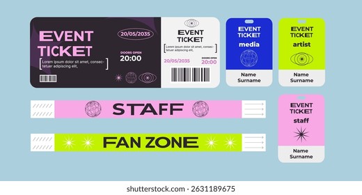 Event ticket set for parties, music festival, dance festival. Security bracelets for entrance. For staff and fan zone. Neon color. Modern design. Futuristic style. With wireframe element. Printable.