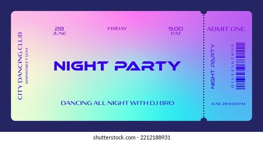 Event ticket template in neon disco style. For parties, concerts and other events in 90-s style. Vector can be used for web and print. Just add your text.