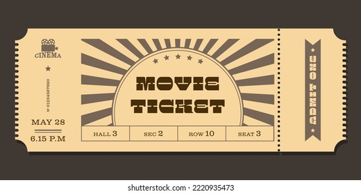 Event ticket template in vintage style on a beige background. For cinemas, parties, clubs, concerts and other events. Vector, printable. Just add your text.