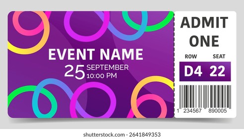 Event ticket template with wavy gradient rainbow lines in modern colorful style for concerts, festivals parties or creative event branding in vector format suitable for print and digital use