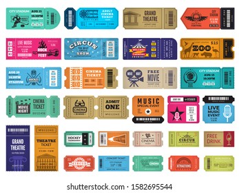 Event tickets. Circus cinema theatre sport event entrance invitation coupon concert admission vector templates