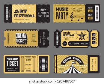 Event tickets. Entrance entertainment tickets to theatre cinema kids party soccer music concert recent vector design templates collection