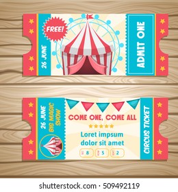 Event tickets for magic show in cartoon style with circus tent flags and editable text vector illustration