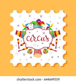 Event tickets for magic show in cartoon style with circus tent flags and editable text vector illustration