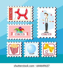 Event tickets for magic show in cartoon style with circus tent flags and editable text vector illustration