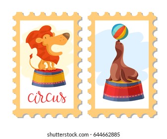 Event tickets for magic show in cartoon style with circus tent flags and editable text vector illustration