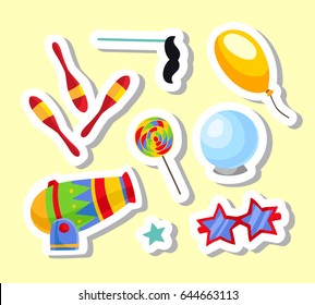 Event tickets for magic show in cartoon style with circus tent flags and editable text vector illustration