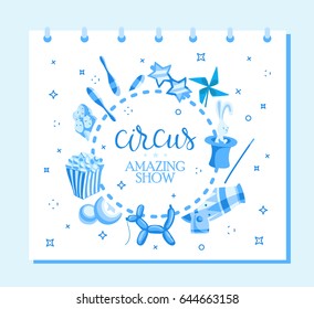 Event tickets for magic show in cartoon style with circus tent flags and editable text vector illustration