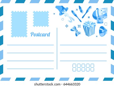 Event tickets for magic show in cartoon style with circus tent flags and editable text vector illustration