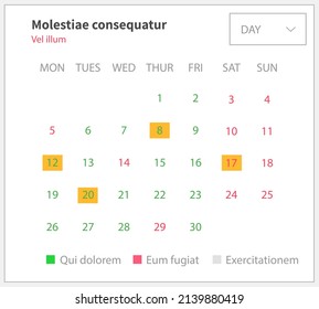 Event timetable with creative design vector illustration. Monthly calendar template with marked dates. Print edition of planner in form of table with weeks. Monthly scheduling and time management