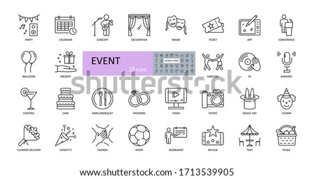 Event vector icons. Editable Stroke. Entertainment, party concert scenery, music video, wedding gifts, dancing, DJ. Food drinks, flowers, sport tickets, picnic tent