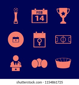 event vector icons set. with calendar february, trophy cup, football stadium and football cup in set