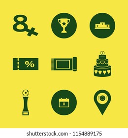 event vector icons set. with winners podium, cake wedding, location restaurant and sale ticket in set