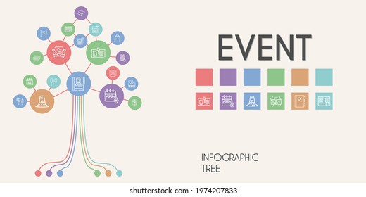 event vector infographic tree. line icon style. event related icons such as calendar, newspaper, tickets, balloons, father, pilgrim, agenda, wedding car, schedule, id card
