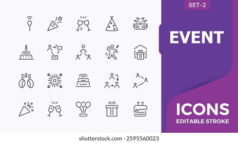 Event vector line icon set. It contains symbols to happy, balloon, entertainment, birthday and more. Party vector icon pack. Pixel perfect. Modern and minimalist linear icons.