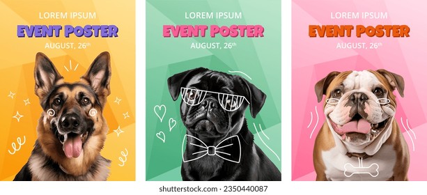 Event vertical posters template with Dogs different breeds. Celebration comic collage with pet Pug, German Shepherd, Bulldog. Vector set