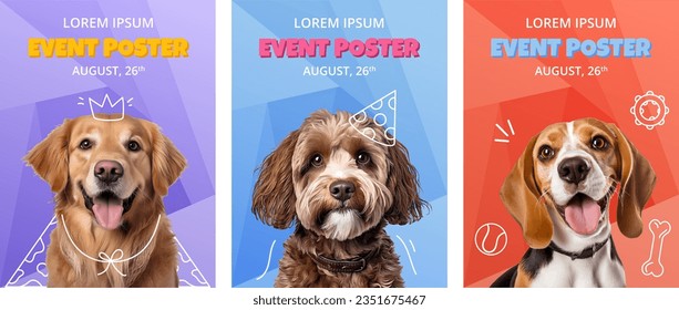 Event vertical posters template with Dogs different breeds. Celebration comic collage with pet Golden retriever, Cockapoo, Beagle. Vector set