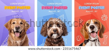 Event vertical posters template with Dogs different breeds. Celebration comic collage with pet Golden retriever, Cockapoo, Beagle. Vector set