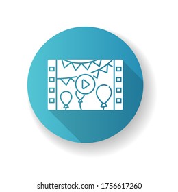 Event videography blue flat design long shadow glyph icon. Family holiday record. Birthday celebration video. Filmstrip of anniversary party. Silhouette RGB color illustration