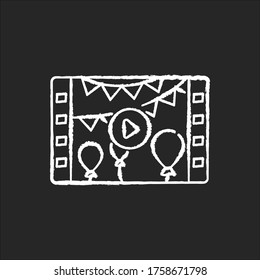 Event videography chalk white icon on black background. Family holiday record. Birthday celebration video. Filmstrip of anniversary party. Isolated vector chalkboard illustration