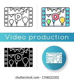 Event videography icon. Family holiday record. Birthday celebration video. Filmstrip of anniversary party. Linear black and RGB color styles. Isolated vector illustrations