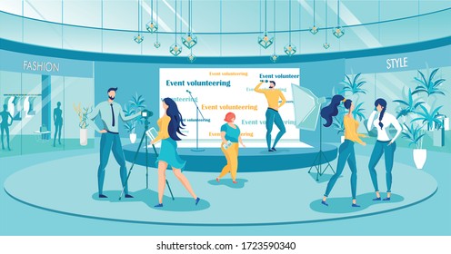 Event Volunteering in Shopping Mall Vector Illustration. Cartoon Man with Microphone on Stage Announce Giveaway, Promote Sale Offer to Shoppers. People Organize Concert in Shopping Center