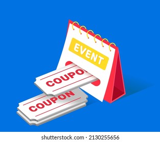The event where 3D coupons come out of the calendar illustration set. Notebook, web, tickets, discount, Voucher. Vector drawing. Hand drawn style.