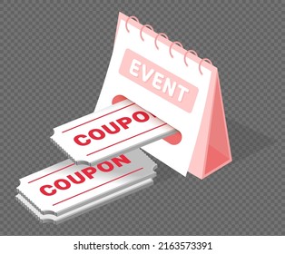 The event where 3D coupons come out of the calendar illustration set. Notebook, web, tickets, discount, Voucher. Vector drawing. Hand drawn style.