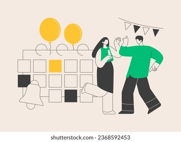 Ilustración vectorial de concepto abstracto de eventos. Eventos corporativos, calendario de eventos, notificación, barra de menús del sitio web, elemento de interfaz de usuario, reunión de negocios, exposición comercial, metáfora abstracta de programación.