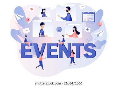 Events - Big Text. Online Corporate Party, Meeting Friends And Colleagues. Video Conference. Tiny People Team Celebration On Video Chat. Modern Flat Cartoon Style. Vector Illustration