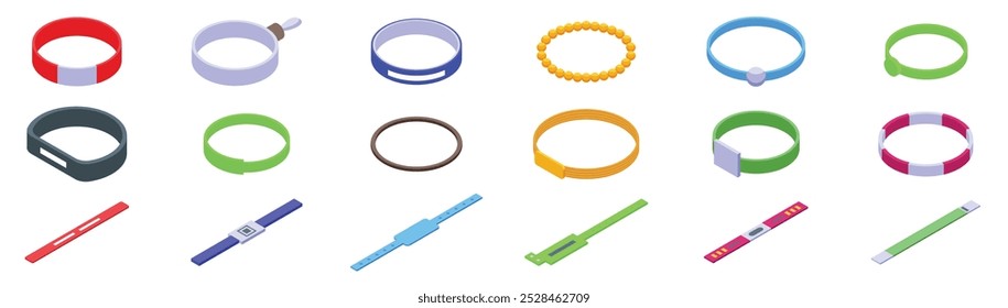 Eventos pulseira ícones conjunto. Conjunto de diferentes pulseiras coloridas para festa ou festival mostrando permissões de acesso, isolado no fundo branco