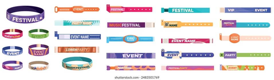 Events bracelet icons set. Large set of colorful wristbands for music festival or vip event allowing access