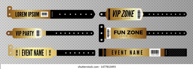 Events bracelets. Vector golden entrance key for party, concert, disco bar. Entry bracelets isolated on transparent background