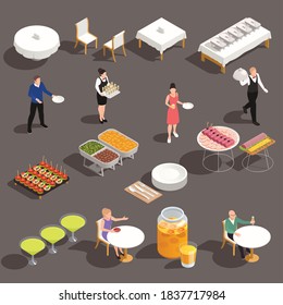 Events Celebrations Catering Service Isometric Set With White Table Linens Cocktails Snacks Buffet Beverages Cutlery Vector Illustration     