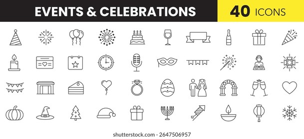 Eventos e celebrações Line Art Icon Set - Ícones de estrutura de tópicos mínimos para festas, feriados e ocasiões especiais