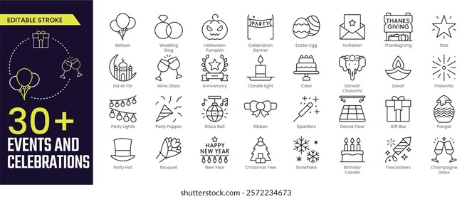 Events and Celebrations Stroke icon collections. Containing Balloon, events, Cake, Birthday, Gift Box, Fireworks, Wine, Party, Invitation, and more icons. Editable Stroke icon collection Outline icon