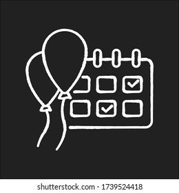 Events chalk white icon on black background. Calendar planner for social gatherings. Check party date in monthly schedule. Save date for special celebration. Isolated vector chalkboard illustration