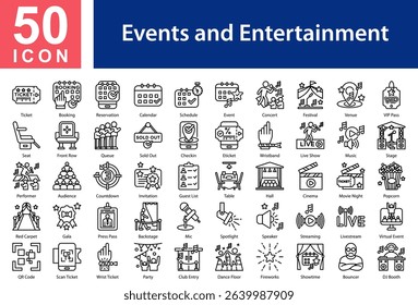 Events and Entertainment Collection of Icons with Outline Style Containing: Ticket,Booking,Reservation,Calendar,Schedule,Event,Concert,Festival,Venue,VIP Pass,Seat,Front Row,Queue,Sold Out,Check-in,E-