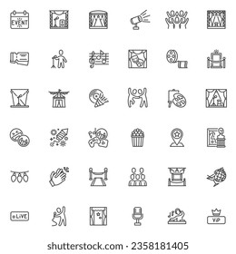 Events and Entertainment line icons set. linear style symbols collection, outline signs pack. Party events vector graphics. Set includes icons as theatre stage spotlight, concert, music festival