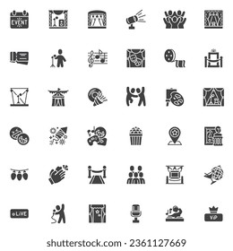 Juego de iconos vectoriales de eventos y entretenimiento, colección moderna de símbolos sólidos, paquete de pictogramas estilo relleno. Señales, ilustración del logotipo. El juego incluye iconos como foco de escena teatral, concierto, festival de música