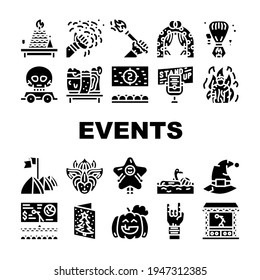 Events And Festival Collection Icons Set Vector. Rock And Oktober Fest, Standup And Pool Party, Fantasy Costume And Facial Mask Events Glyph Pictograms Black Illustrations