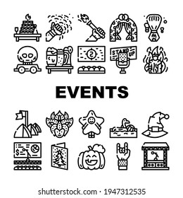 Events And Festival Collection Icons Set Vector. Rock And Oktober Fest, Standup And Pool Party, Fantasy Costume And Facial Mask Events Black Contour Illustrations