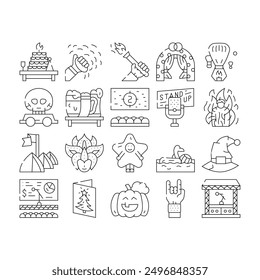 Events And Festival Collection Icons Set Vector. Rock And Oktober Fest, Standup And Pool Party, Fantasy Costume And Facial Mask Events Black Contour Illustrations