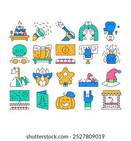 Events And Festival Collection Icons Set Vector. Rock And Oktober Fest, Standup And Pool Party, Fantasy Costume And Facial Mask Events color Contour Illustrations