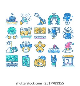 events and festival doodle icons set vector. sketch line art rock and oktober fest, standup and pool party, fantasy costume and facial mask events color illustrations