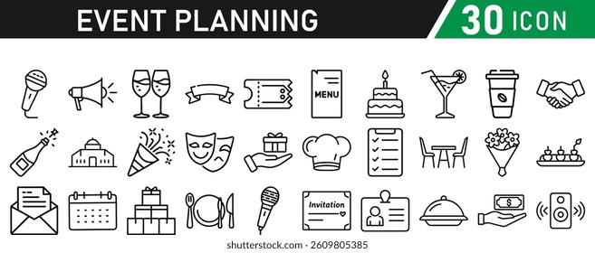 Events and Planning icon set. Includes balloon, confetti, party hat, gift, event ticket, decoration, and more. Editable stroke. Vector illustration